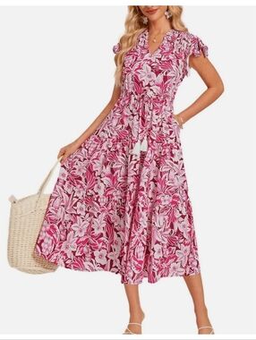 Grace Karin Floral Midi Dress Pink & Maroon Size S